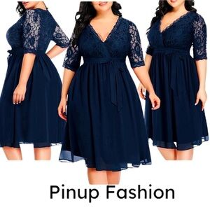 PINUP FASHION Navy Plus Size
Lace Chiffon Midi Special Occasion Dress Sz 28